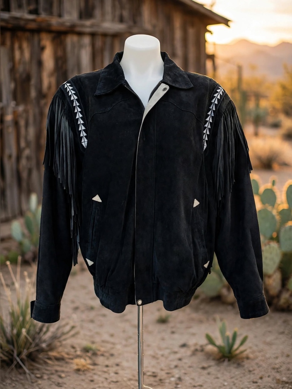 Vintage Pioneer Wear Mens L Black Suede Western Fringe Jacket - Style 14207